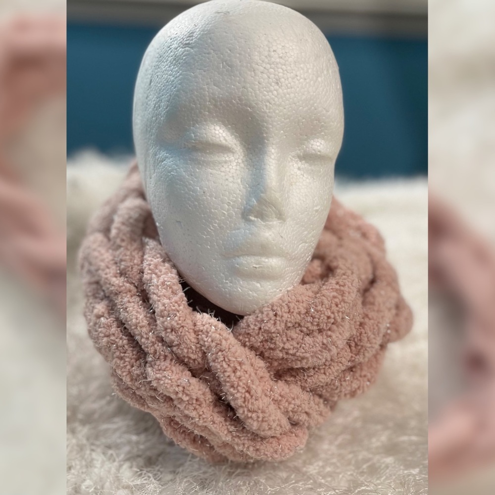 Hand Crafted Arm Knit Blanket Infinity Scarf Sparkly Cherry Blossom pink